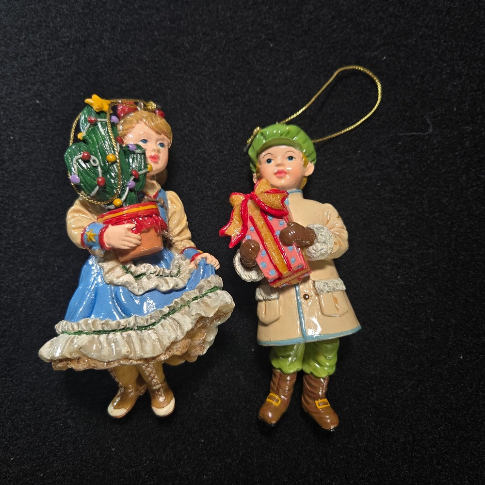 Vintage Victorian Boy and Girl Christmas Ornaments Resin Figurine Set of 2 Decor